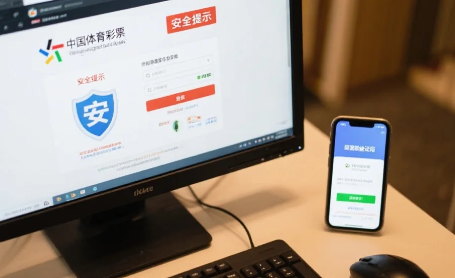桌面电脑屏幕上显示有安全提示的中国体彩彩票登录界面，旁边有手机用于接收验证码，体现双重验证的安全氛围