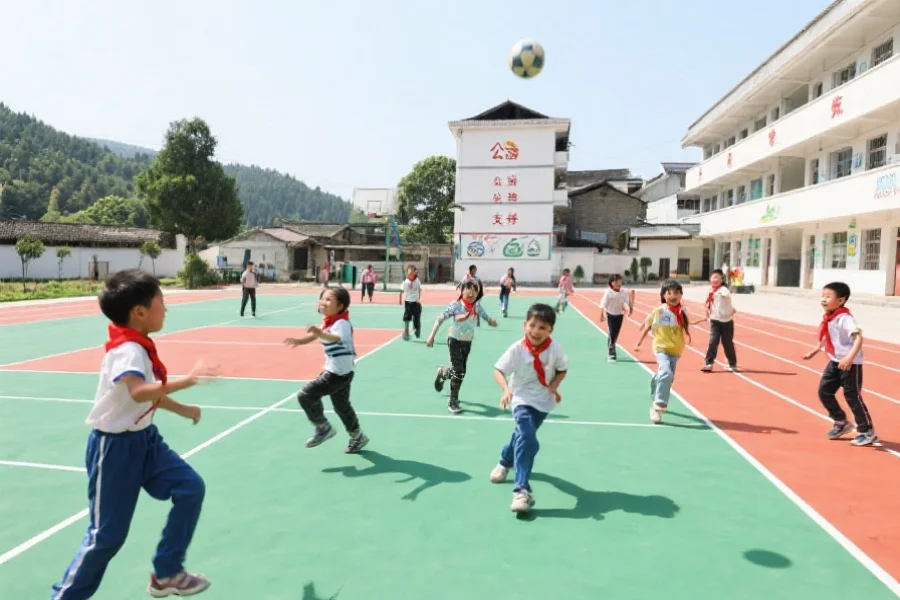 中国乡村小学的孩子们在新建的运动场上开心地进行体育活动,展现公益金支持的成果